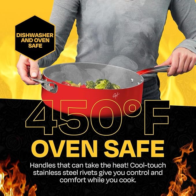 Guy Fieri's Flavortown 11-Piece Ceramic Cookware Set Nonstick Pots and Pans for Cooking Made without PFAS PTFE PFOA Oven Safe Dishwasher Safe Easy to Clean Everyday Cookware Red