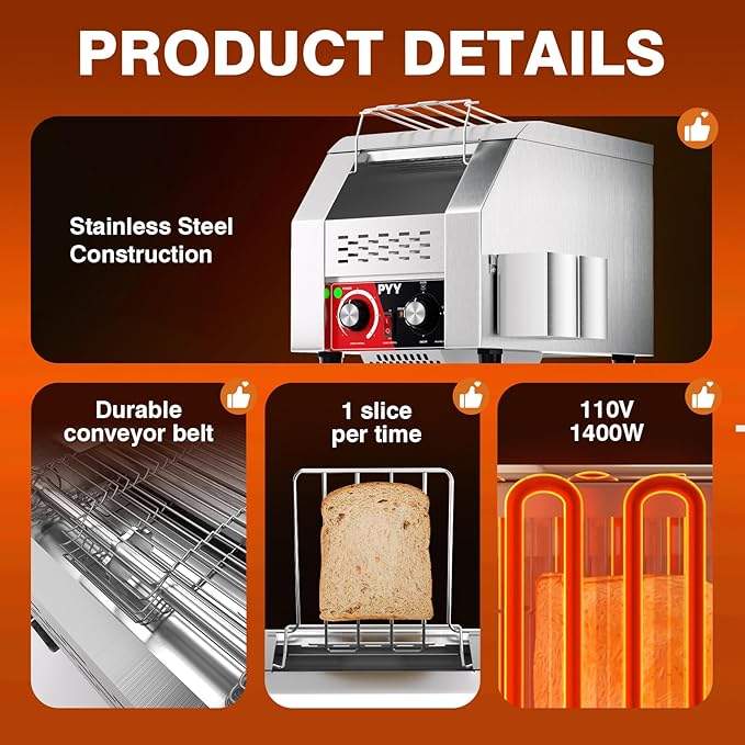 PYY Commercial Conveyor Toaster - Electric Industrial Belt Toasters 150 Slices/Hour Heavy Duty Stainless Steel for Bun Bagel Bread Waffle Home Restaurant 1400W