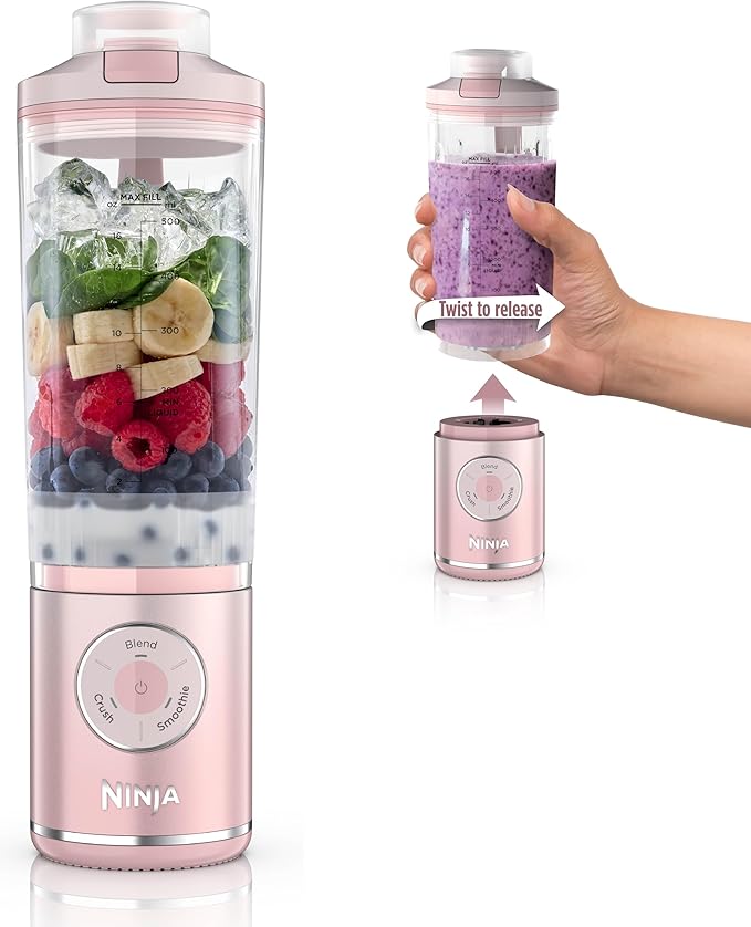 Ninja Blast Max Portable Blender + Twist &amp Go Personal Smoothie Blend Ice Crush 3 Programs Cordless 22 oz removable Vessel Dishwasher Safe Leakproof Pink BC251PK