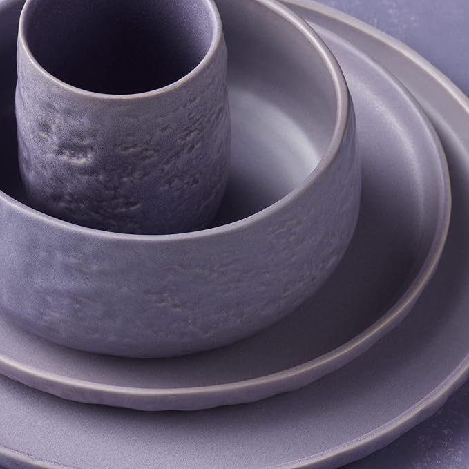 Stone by Mercer Project SHOSAI 32-Piece Stoneware Dinnerware Set Plates and Bowls Set Modern Dishware set fo 8 Lavender