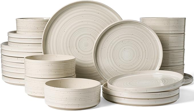 Stoneware Dinnerware Set Highly Chip &amp Scratch Resistant Everyday Plates and Bowls for 8 (24pcs) Reactive Glaze Speckled Ceramic Straight Dishes with Gift Box Microwave Dishwasher Safe Shell B