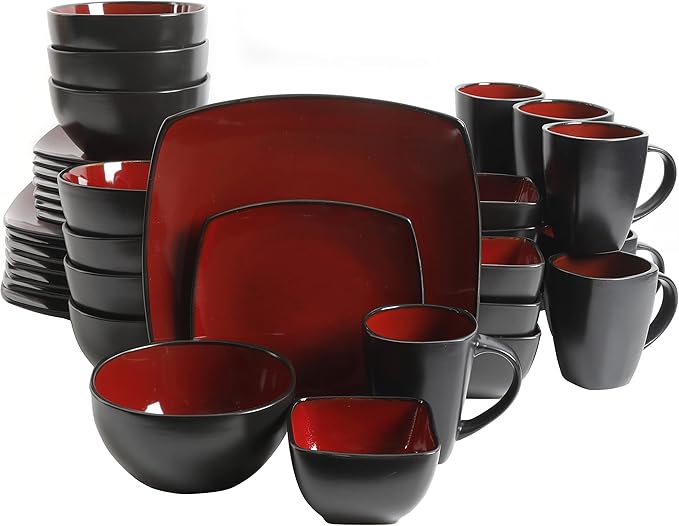 Gibson Elite Soho Lounge Square Reactive Glaze Stoneware Dinnerware Set Service for 8 (40pc) Red/Black