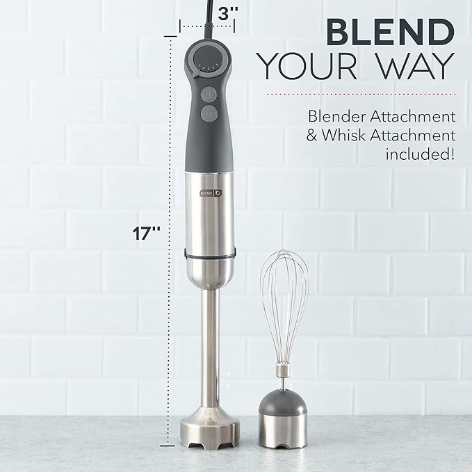 Dash Chef Series Immersion Hand Blender 5 Speed Stick Blender with Stainless Steel Blades Whisk Attachment and Recipe Guide – Cool Grey
