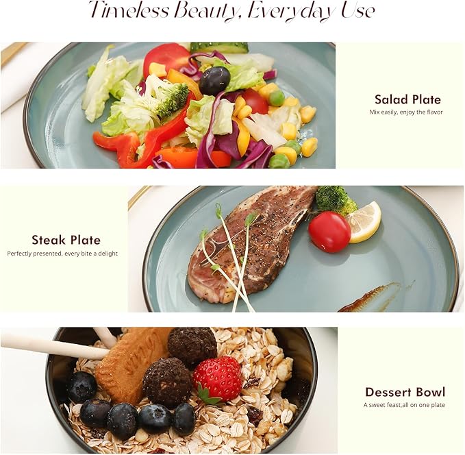 HomeVSS 20-Piece Dinnerware Set - Serves 4 Reactive Glaze Green Plates &amp Bowls Set | Microwave &amp Dishwasher Safe Dishes Set