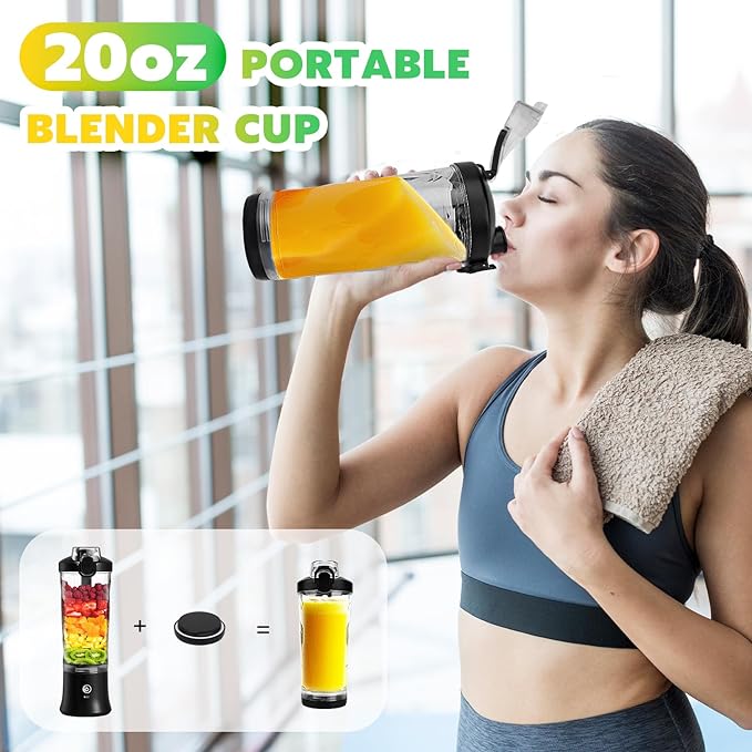 Portable Blender Personal Juicer for Shakes and Smoothies - 20 OZ Electric Protein Shaker Bottle with Insulated Sleeve Travel Lid USB-C Rechargeable - Mini Small Blender Cup for Kitchen Office Gym