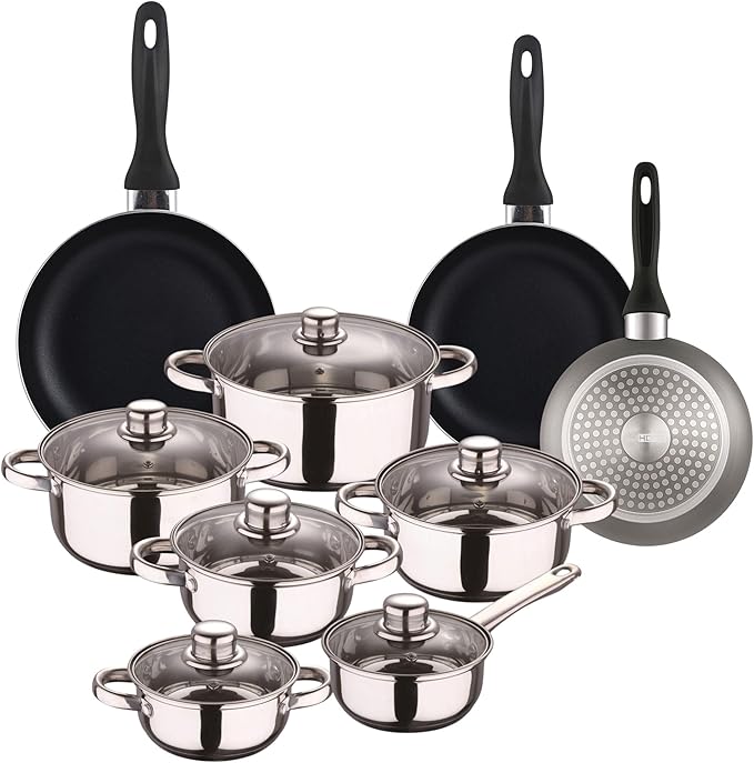 Well Home Cookware Set 12 Pieces Stainless Steel + 3 Pans Diameter 16 x 20 x 24 cm Grey Metallic Pressed Aluminium