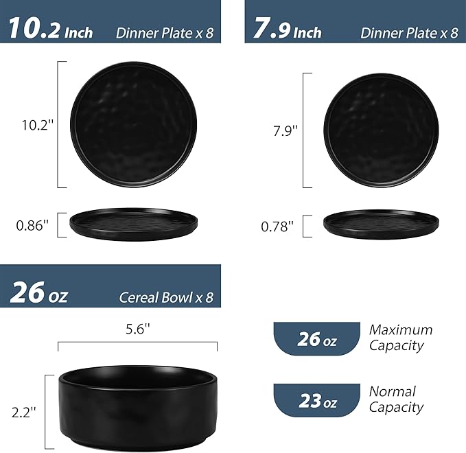 LIANYU Stoneware Dinnerware Dishes Sets for 8 24 Piece Plates and Bowls Dishware Set Ceramic Dinning Ware Includes Dinner Salad Plates Cereal Bowls Chip &amp Scratch Resistant Obsidian Matte Bla