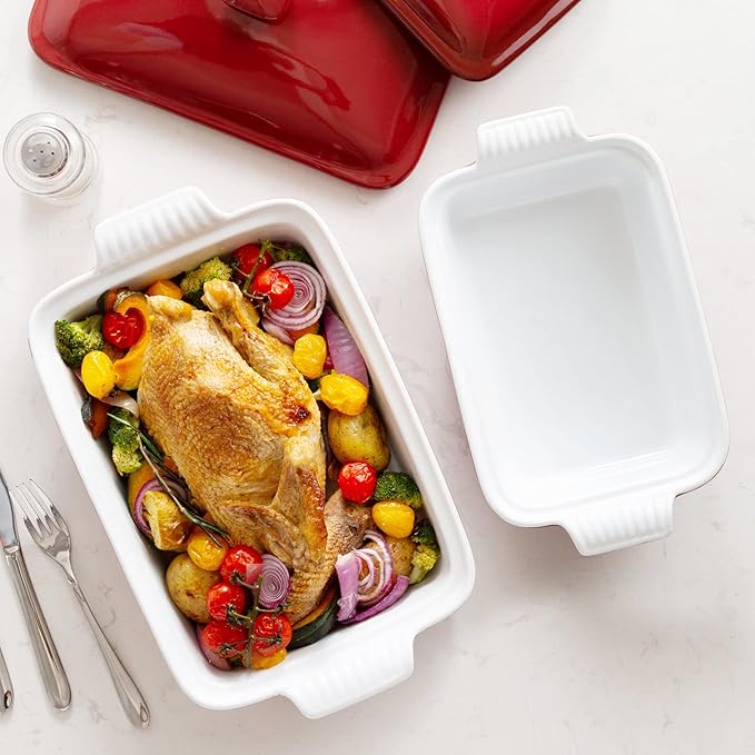 vancasso Blossom Casserole Dish With Lid 3.8 Quart Casserole Dish for Oven 9x13 Baking Pan with Handles Large Casserole Baking Dish Lasagna Pan with Lid Microwave Dishwasher Safe Red