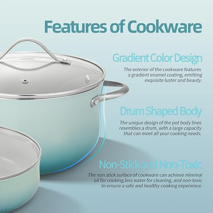 Kitchen Pots and Pans Set Non Stick 11 Pcs Ceramic Cookware Set with Stay-Cool Handle Pot and Pan Set NonToxic PFOA/PFAS Free Dishwasher/Oven Safe Evenly Heats Enamel Exterior - Teal