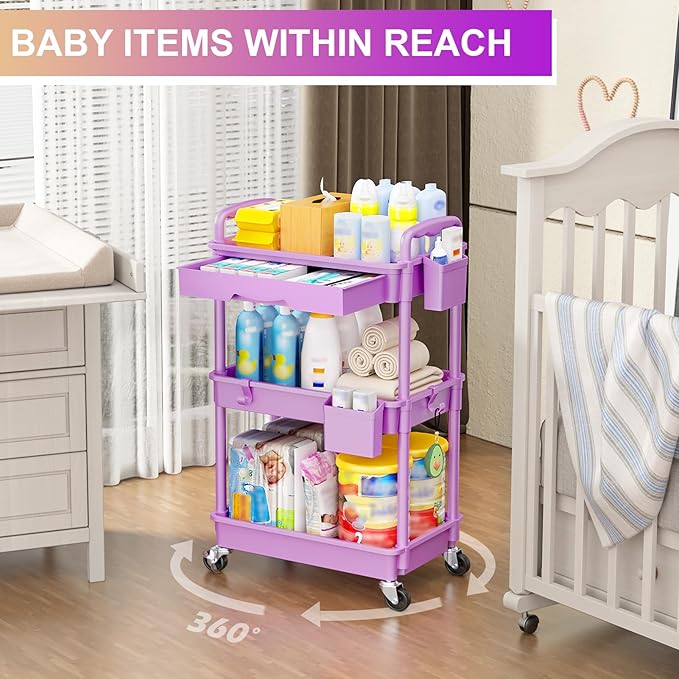 Goovilla 3 Tier Rolling Utility Cart Organizer with Removable Drawer Stable and Sturdy Purple Rolling Storage Carts with 2 Lockable Wheels for Bathroom Kitchen Snack Craft Makeup Baby Essentials