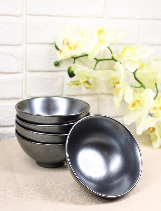 Ebros Gift Iron Black Clay Underglaze Technique Tetsu Kesho Porcelain Dinnerware Kitchen Set Asian Japanese Restaurant Supply (Pack Of 6 Small Rice Soup Appetizer Bowls 10oz)