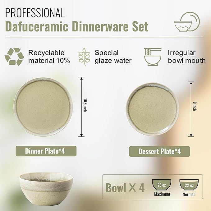 Plates and Bowls Sets 12 Pieces Grass Green Dinnerware Sets for Kitchen Reactive Glaze Dishes Set for 4 Dishwasher and Microwave Safe Series Starflecked Shore (Grass Green)