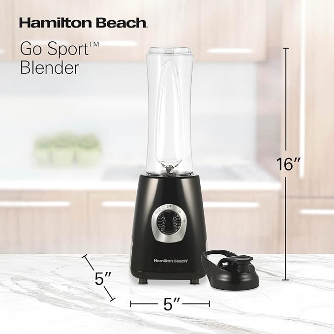 Hamilton Beach Go Sport Portable Blender For Smoothies With 20 Oz. Blend-In Personal Travel Jar 600 Watt Motor And Stainless Steel Blades For Powerful Blending Performance Black (51143G)