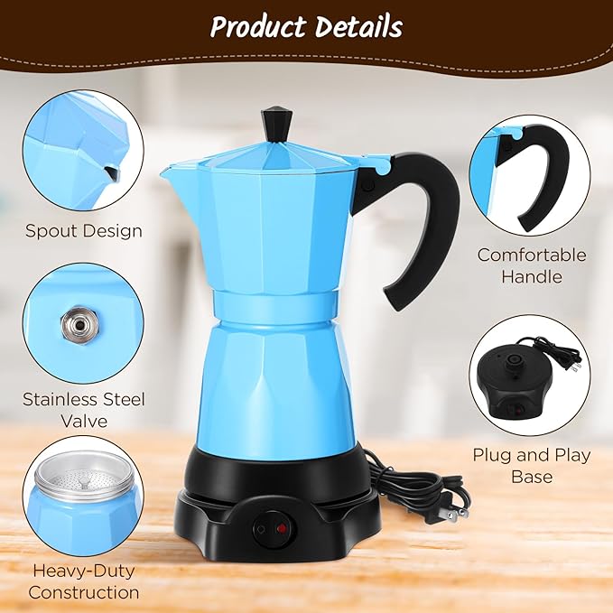 Coffee Pot 6 Cup Electric Espresso Coffee Maker Italian Moka Maker 300ml Portable Aluminum Espresso Machine Cafetera Moka Pot with Detachable Base Gift for Home Travel(Blue)