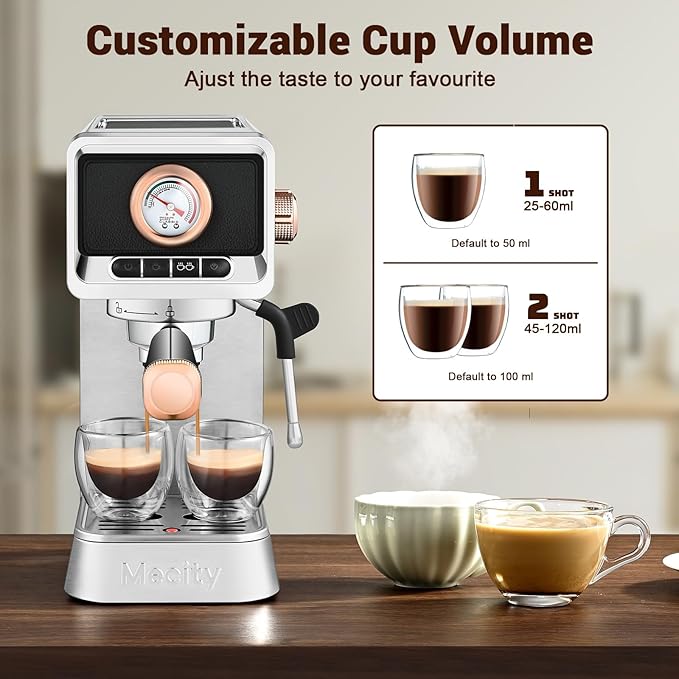 Mecity 20 Bar Espresso Machine with Milk Frother Brushed Stainless Steel Shell 37 fl.Oz Water Reservoir Coffee Maker For Espresso Latte Mocha Americano. 1400W
