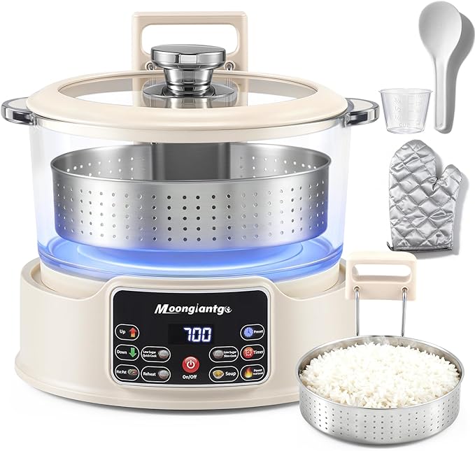 Moongiantgo Low Carb Rice Cooker 3L with Auto Lift Filter Basket Glass Pot Healthy Low Sugar Rice Maker 700W Digital Touch Control 12H Timer &amp Keep Warm Steamer for Porridge Soup Oats Grain