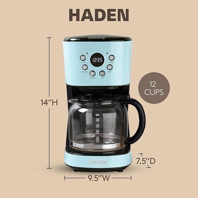 Haden Coffee Machine 12 Cup Programmable Drip Coffee Maker with Auto Shut-Off Function and Reusable Washable Water Filter Turquoise &amp Chrome