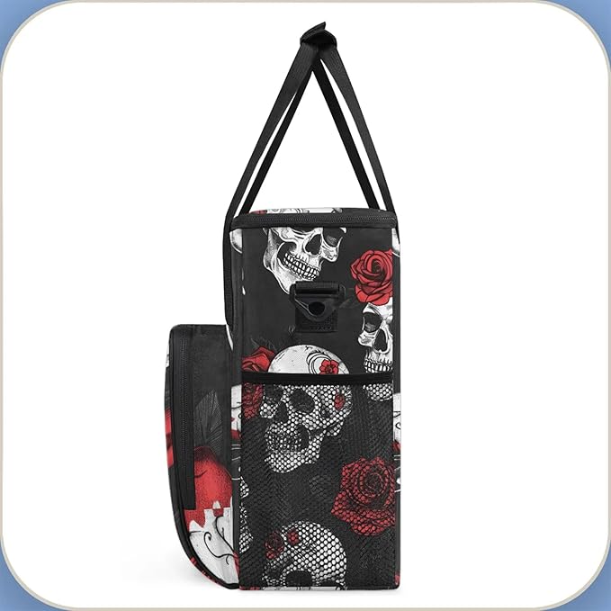 Skull Rose Flower Travel Coffee Maker Carrying Bag Large Organizer Storage Tote Bag Insulated Reusable Cooler Grocery Bags