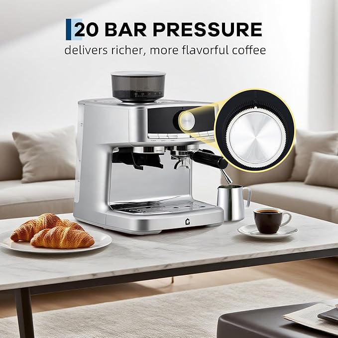 20 Bar Pressure Stainless Steel Espresso Machine with Grinder 1.5l Removable Water Tank Milk Frother Steam Wand for Latte and Cappuccino Adjustable Shot VolumeSilver
