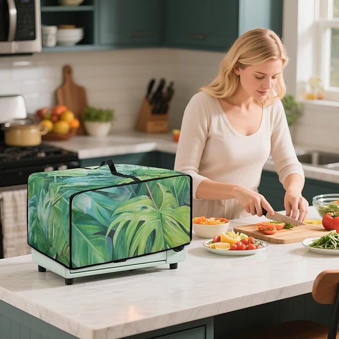 Mumeson Palm Leaves Bread Machine Cover with Multi Pocktes Small Kitchen Appliance Toaster Oven Cover with Top handle Home Decor Fingerprint Protection