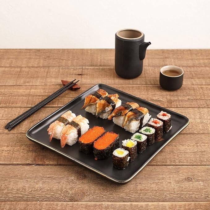 16 Piece Modern Trendy Art Porcelain Square Dinnerware Sets Embellished Gold Leaves Design Microwave &amp Dishwasher Safe Black Dinnerware Sets for 4 Large Dinner &amp Salad Plates Deep Bowls and