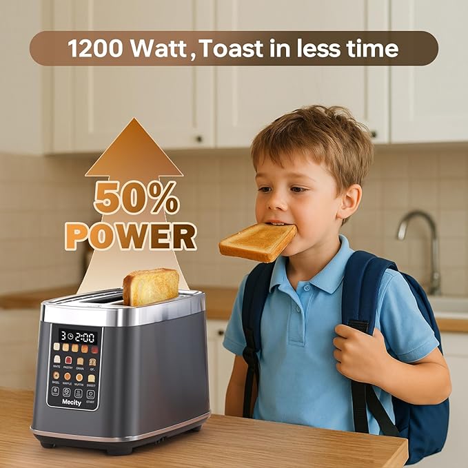 Mecity 2 Slice Toaster with Touch Screen &amp Auto Lift Stainless Steel Cool-Touch Toaster with 8 Bread Settings 5 Shade Levels 1200W High Power Keep Warm &amp Reheat Function Metallic Grey 12