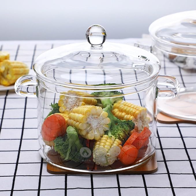 Glass Cooking Saucepan with Handle 1.3L 1.5L 2L Heat Resistant Glass Pot and Pan with Lid Clear Glass Cooking Pot Cookware Set for Pasta Noodle Soup and Food2000ML