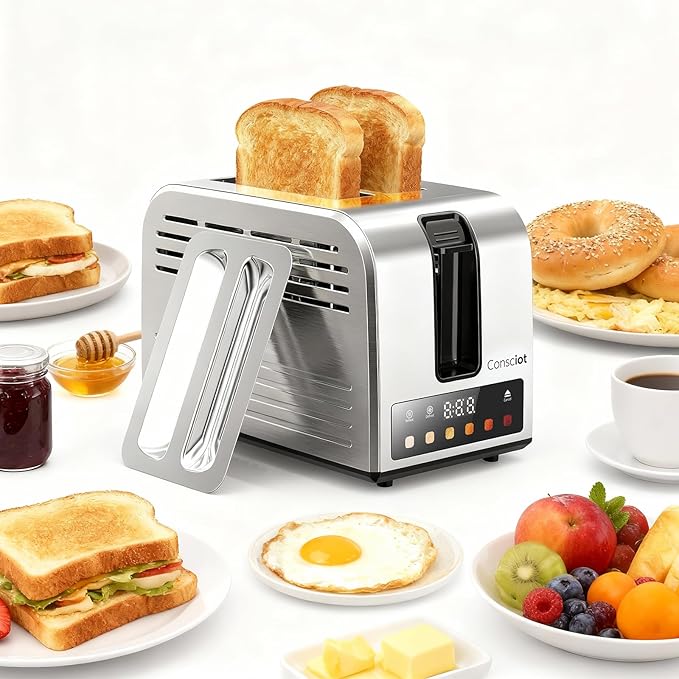 Toaster 2 Slice Consciot Smart Touch Screen Toasters with 6 Browning Levels Timer Reheat/Defrost/Cancel Extra-Wide Slots Removable Crumb Tray Auto Pop-up &amp Anti Jam Peak 925W Stainless Ste