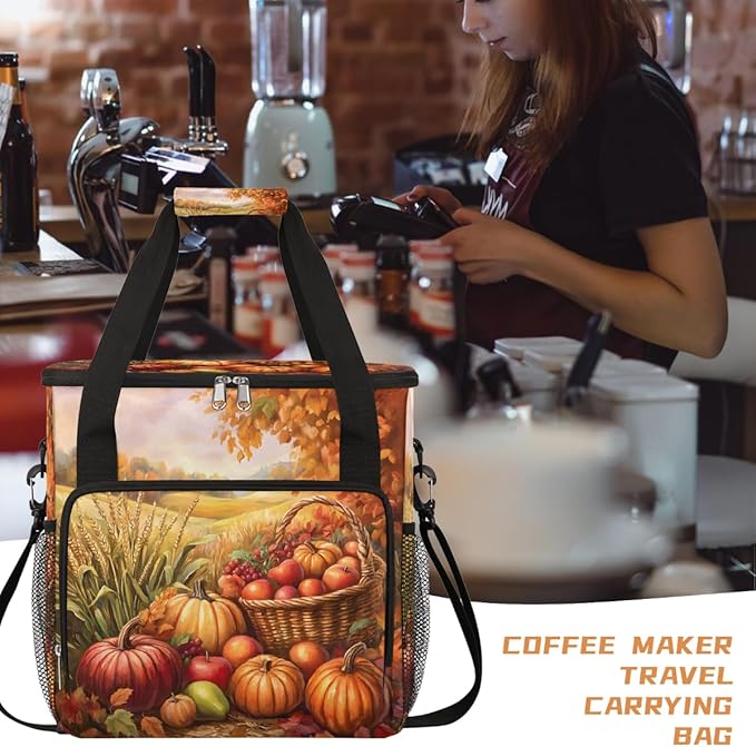 Autumn Apple Pumpkin Wheat Maple Leaves Coffee Maker Carring Bag Travel Carrying Storage Tote Bag Compatible with Keurig K-Mini or K-Mini Plus Portable Single Serve Coffee Brewer Case with Pockets