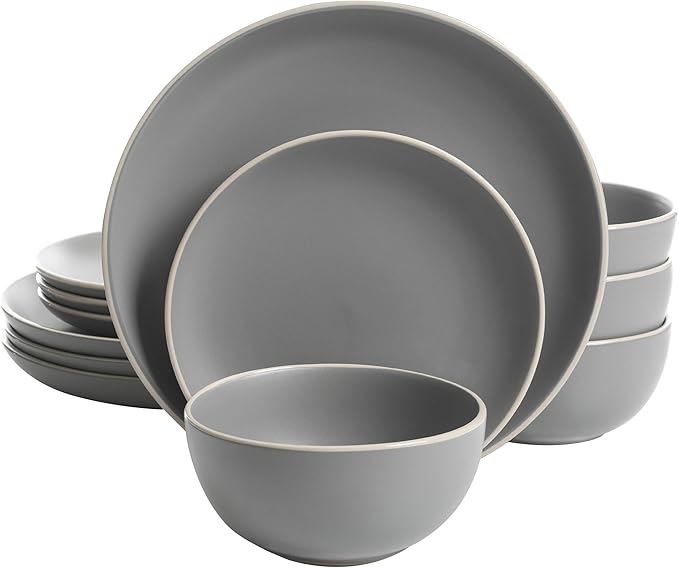 Gibson Home Rockaway 12-Piece Dinnerware Set Service for 4 Grey Matte + Teal Matte