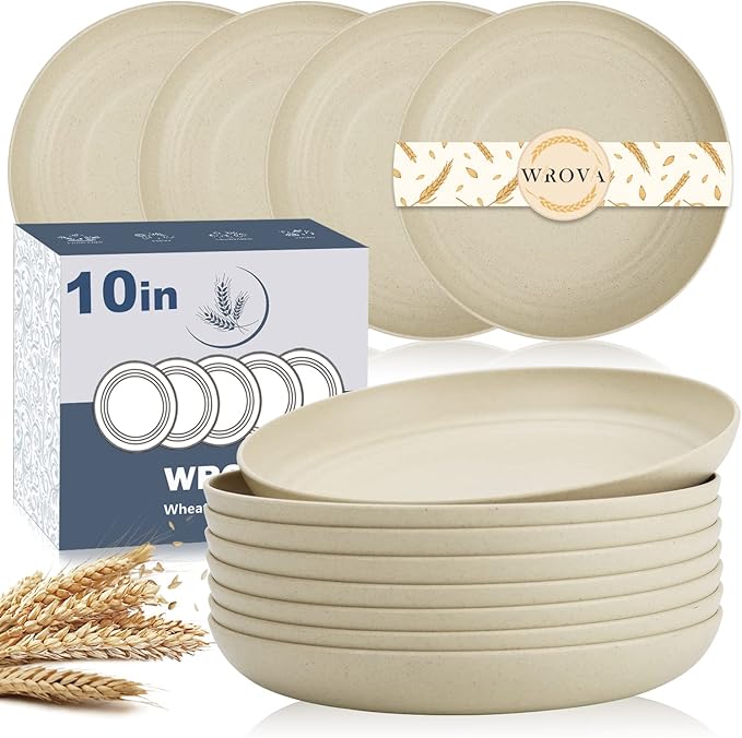 Wrova wheat straw bowls and deep plates bundle with cups - unbreakable dinnerware sets of 22 - Beige series