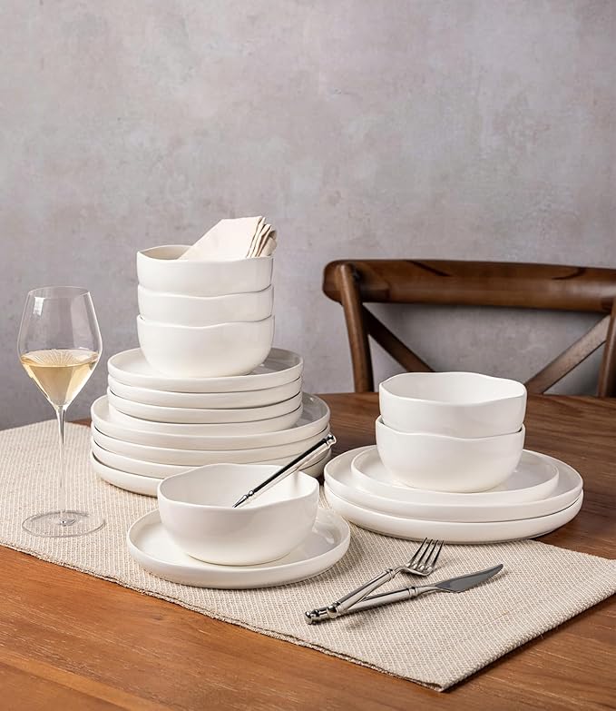 TheTerra Ceramic Dinnerware Sets Handmade Reactive Glaze Plates and Bowls Set Scratch Resistant Dish Set Oven &amp Microwave &amp Dishwasher Safe Bright White