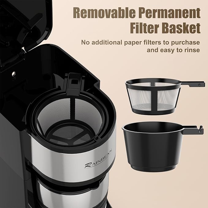 RAINBEAN Single Serve Coffee Maker Programable Single-Serve Brewers Timer Auto Start/Off 14 Oz Single Cup Coffee Machine For Ground Coffee 700W Quick Brewing Perfect Gifts for Coffee Lovers