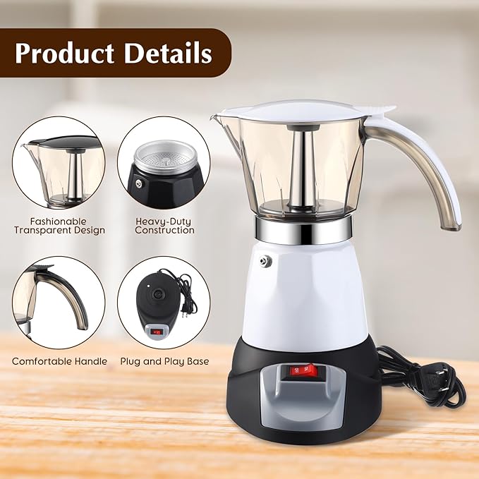 Electric Espresso Maker Transparent Coffee Maker Electric Moka Pot Portable Aluminum Espresso Machine Italian Moka Pot with Detachable Base Coffee Gift for Women Men Home Travel (White6 Cup)