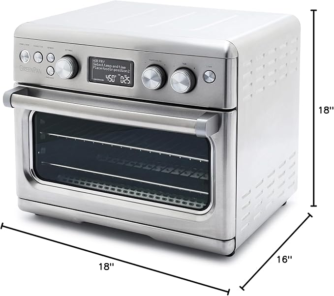 GreenPan 13-in-1 Elite Countertop Convection Oven and Air Fryer PFOA and PFAS-Free Ceramic Tray and Pizza Pan Adjustable Racks Multifunction Presets Toaster Bake Broil Roast Stainless Steel