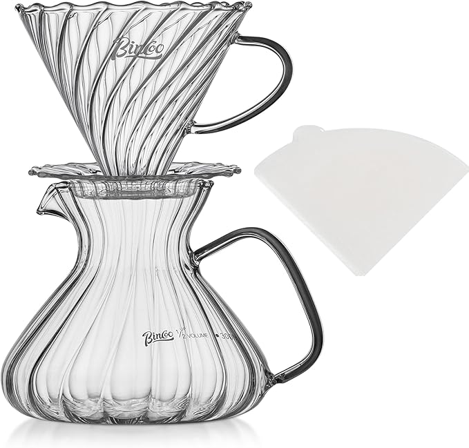 Bincoo Pour Over Coffee Maker Set650ML Borosilicate Glass Carafe with Coffee Driper&amp50pcs Paper FilterGlass Coffee Maker for Home Café Restaurant(Transparent)