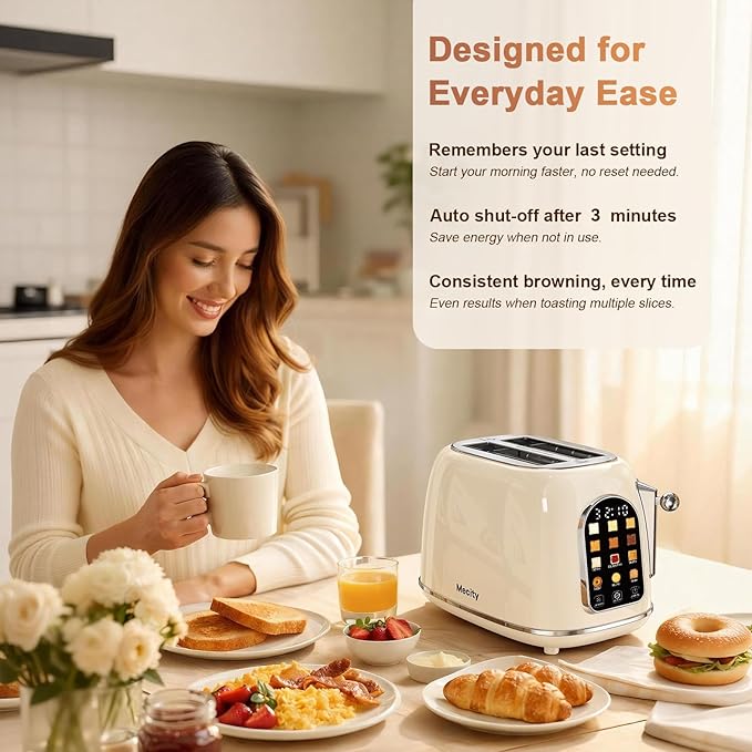 Mecity Toaster 2 Slice Touch Screen Wide Slot Retro Toaster For Breads Bagel Muffin Waffle House Warming Gift New Home 120V 825W Cream Color