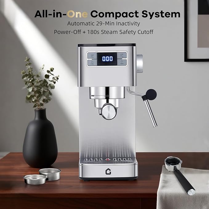 Compact 20 Bar Espresso Machine Stainless Steel with Steam Milk Frother and Removable Water Tank for Perfect Cappuccino and Latte