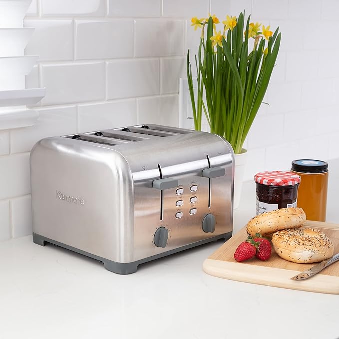 Kenmore 4 Slice Toaster Stainless Steel Extra Wide Slots Adjustable Browning Bagel and Defrost Settings Removable Crumb Tray Best Prime Toaster for Bread Bagel Waffles and more
