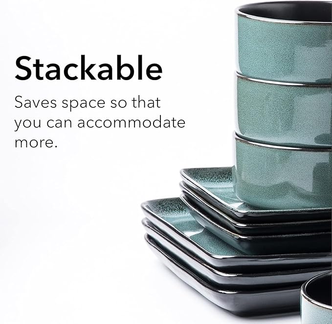 FLACKAR Square Stoneware Dinnerware Set for 4 Dinner Plates Side Plates Cereal Bowls Mugs - Reactive Glaze Turquoise (497248) 16 Count (Pack of 1)