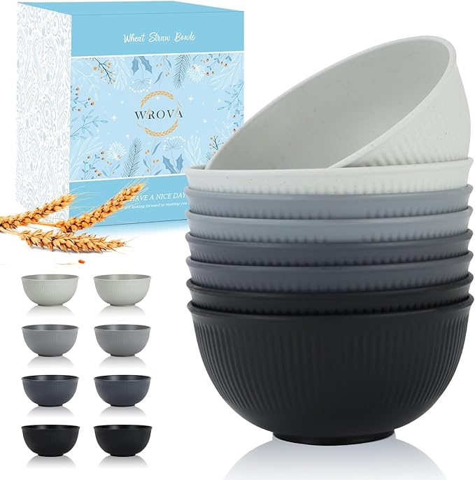 Wrova wheat straw bowls and plates sets with 12oz cups - unbreakable dinnerware sets of 24 - Classic series