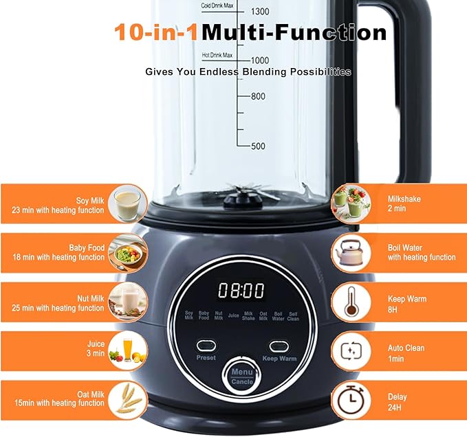 10 in 1 Nut Milk Maker Hot Blender51oz Homemade Soy AlmondOatPlant BasedBaby Food Maker 20 BladesAutomatic Soybean Machine with 24H Delay Start/Keep Warm8H/Boil Water&ampAuto Clean