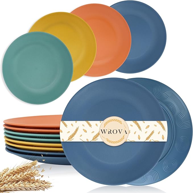 Wrova wheat straw bowls and plates sets with 16oz mugs - unbreakable dinnerware sets of 20 - Vibrant Series
