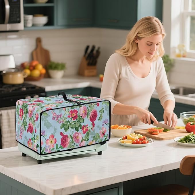 Doojoayie Pink Flower Toaster Cover 8 Slice Blue Appliance Covers for Kitchen Counter 22.5x18.5x 13 Universal Fit Dustproof Protector as Kitchen Decor