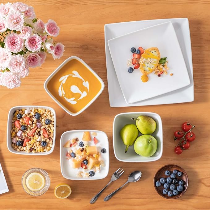 vancasso Soho Dinnerware Sets 12 Pieces White Stoneware Square Place Setting Dinner Plate Dessert Plate Bowls Service for 4
