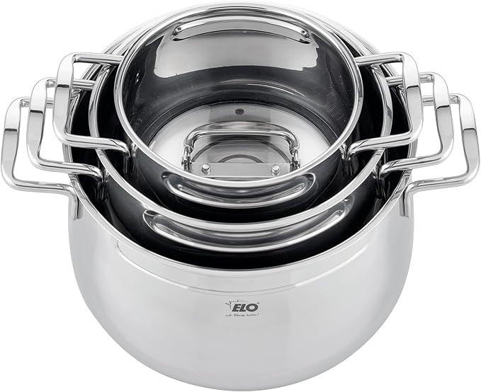 ELO Induction Cookware Set Stainless Steel Ceramic and Gas with Measuring System and Measuring Scale Diameter 160 x 10.5 cm Diameter 20 x 12.5 cm and Diameter 24 x 15.5 cm Set of 3