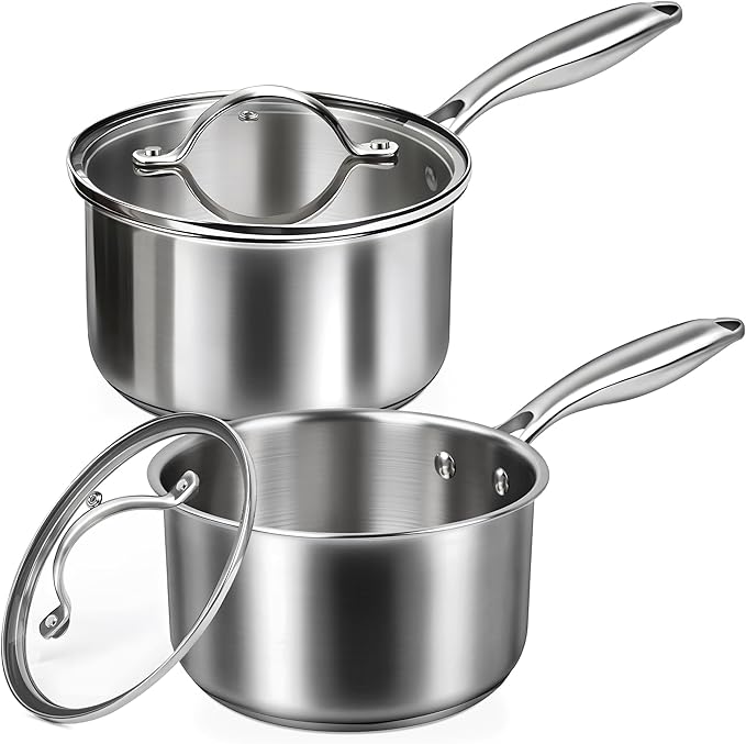 Stainless Steel Saucepan Set with Lids 1.5QT &amp 2.2QT Tri-Ply Stainless Steel Sauce Pot Set Induction Saucepans 4 Pcs Nonstick Saucepans Cookware Set Dishwasher Safe