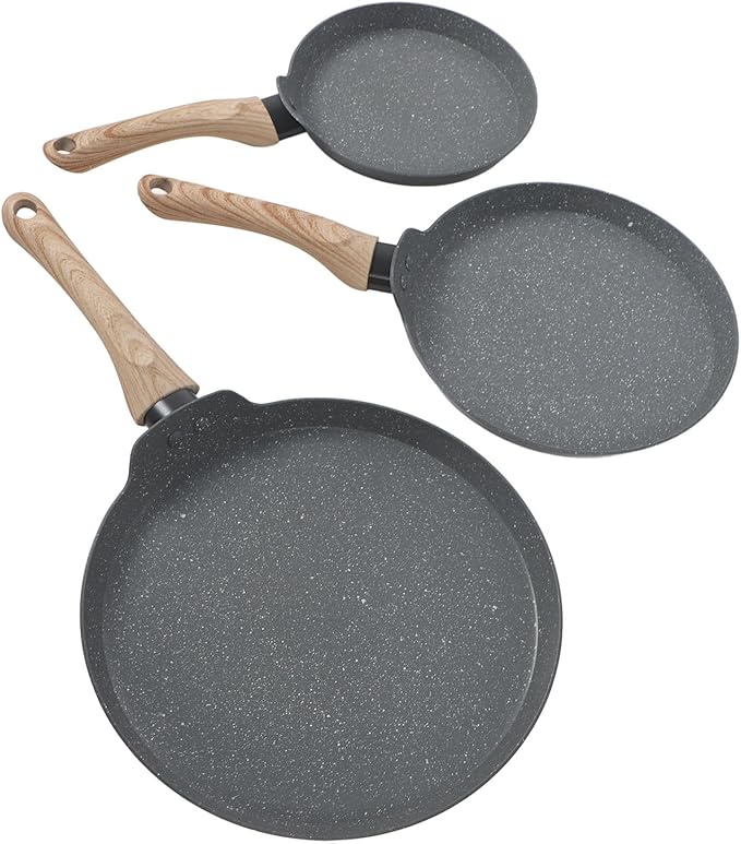 3PCS Grey Maifan Stone Frying Pan Set Anti Stick with Wooden Handles 3 Sizes for Versatile Cooking Ideal for Breakfast Pies and Cakes