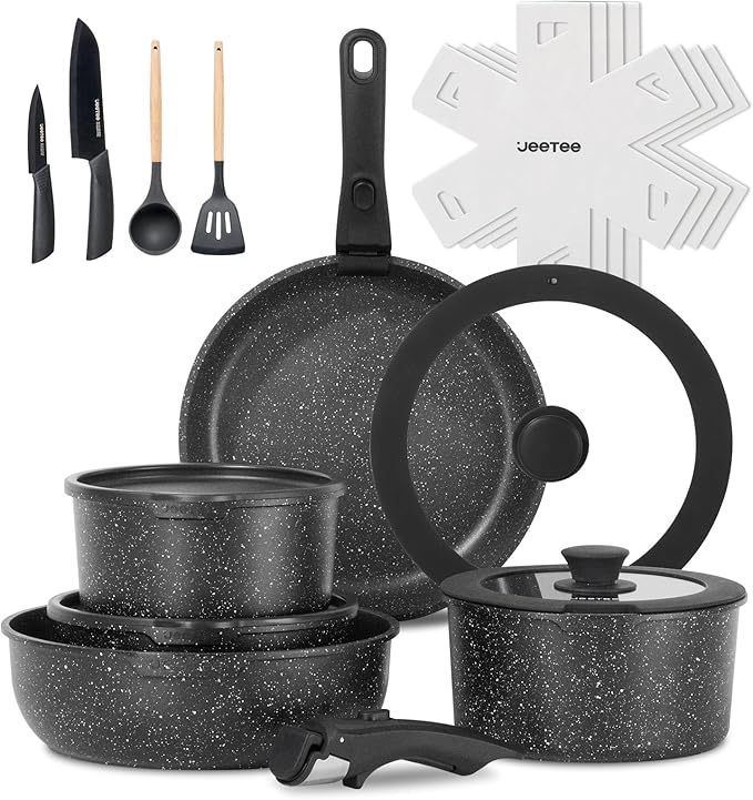 JEETEE Pots and Pans Set Non Stick 19pcs Kitchen Cookware Sets with Detachable Handle Induction Nonstick Cookware Set with Removable Handle Stackable RV Cookware Oven Safe PFOA Free Black