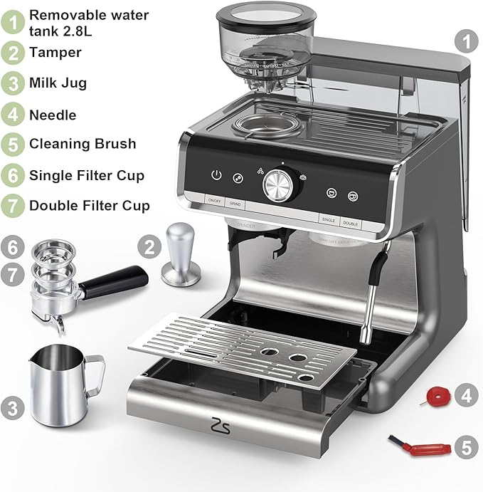 20 Bar Barista-Grade Espresso Machine with Conical Burr Grinder &amp Steam Wand - PID Control Stainless Steel Coffee Maker with 95oz Detachable Tank for Latte Cappuccino Home Cafe Silver Gray